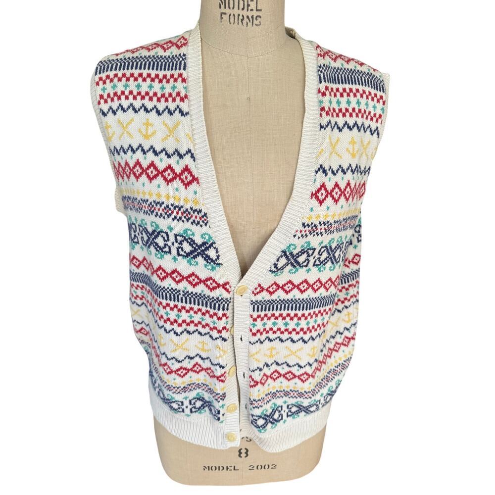 Gap Vintage 90s Knit Vest in Nautical Cotton Weave Bright Size Large Fun